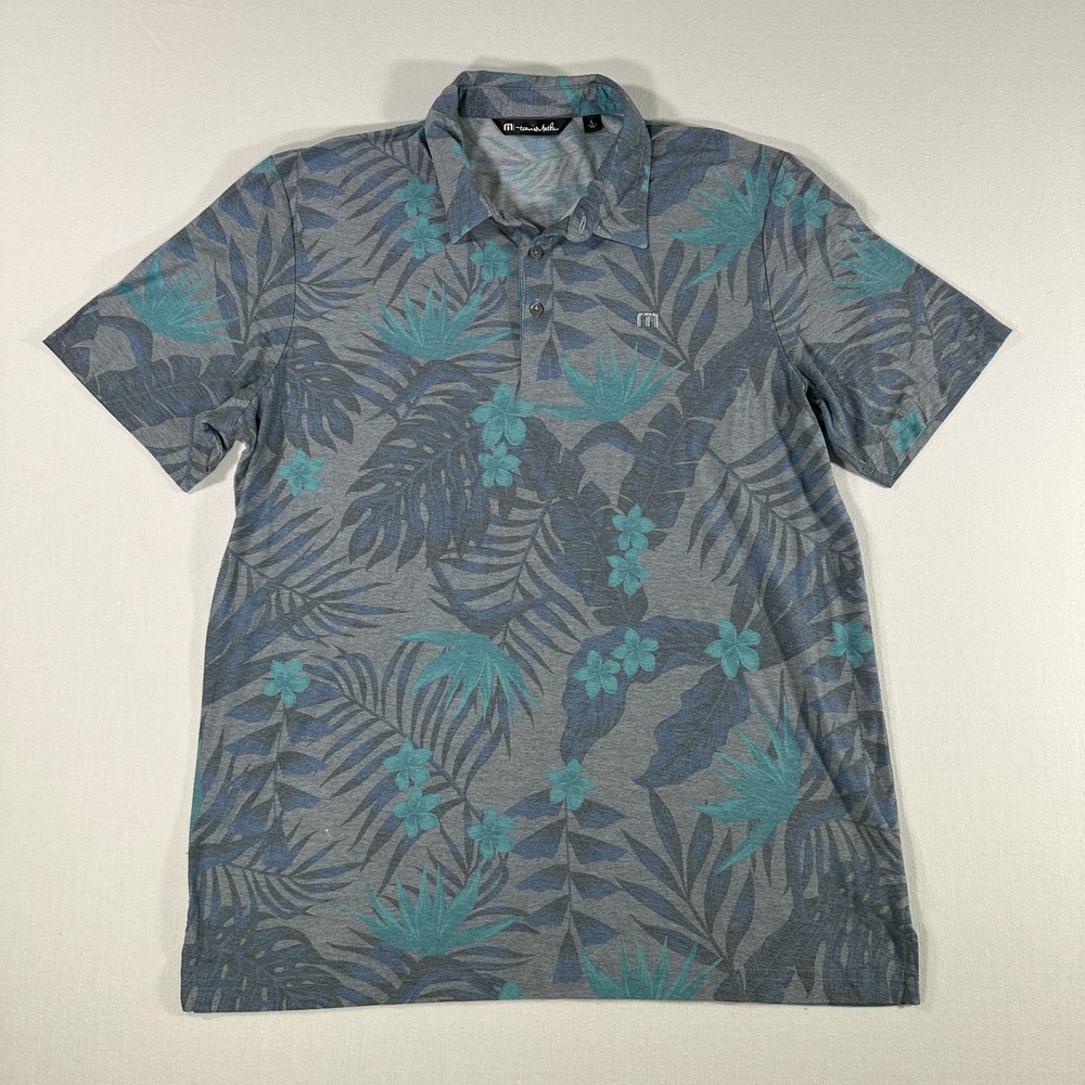 Travis Mathew Mens One for the Road Polo Shirt Sz L Gray Blue Palm Design